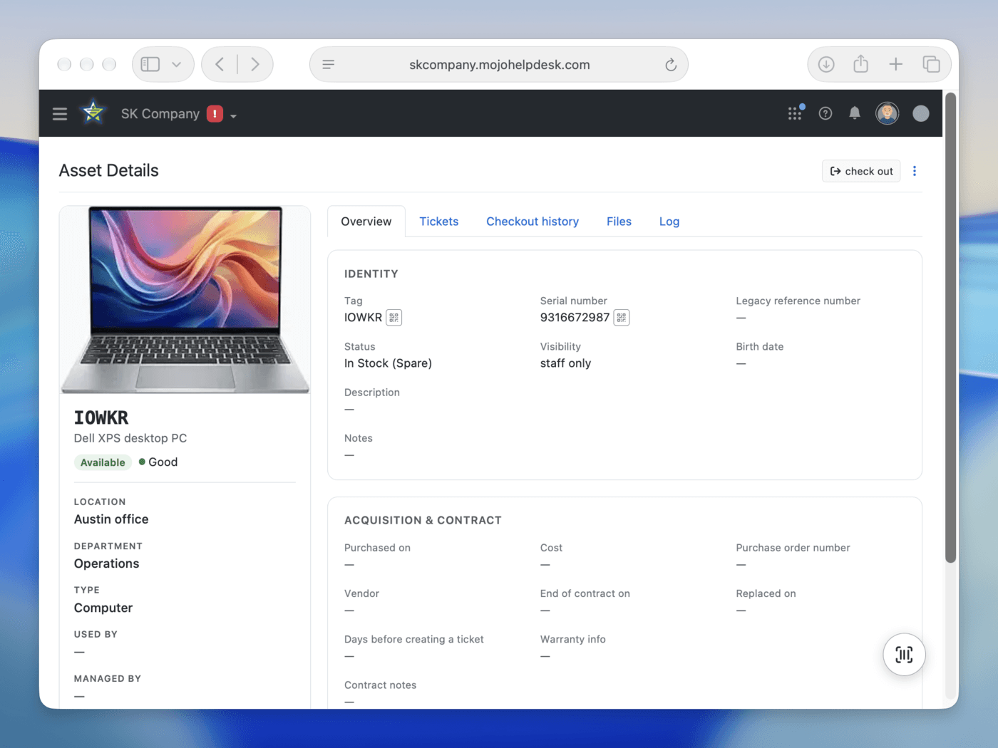 Redesigned asset details page with an asset picture, status, and tabs for tickets, checkout history, and files