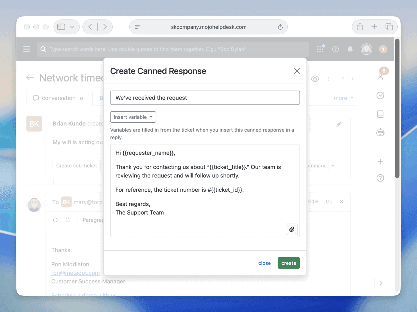 Create Canned Response dialog with requester name, ticket title, and ticket ID variables