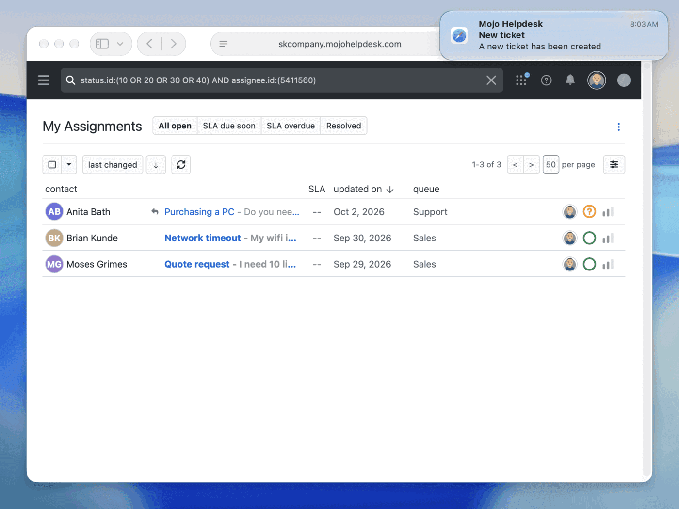 Desktop notification announcing a new ticket while viewing the ticket list
