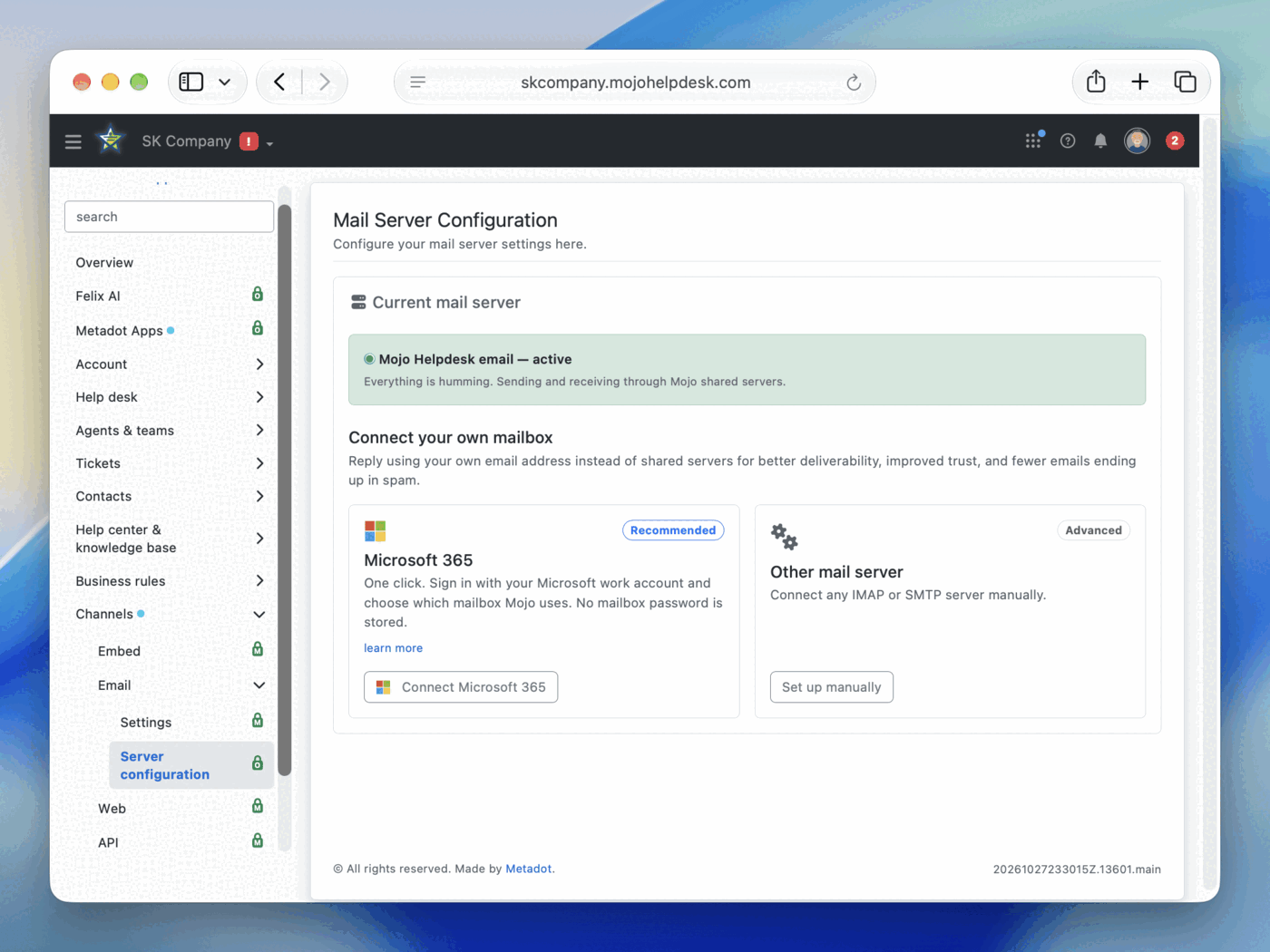 Mail Server Configuration page with the recommended Connect Microsoft 365 option