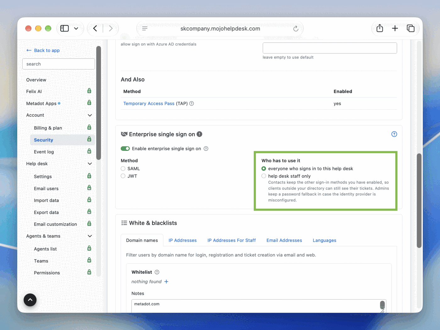 Enterprise single sign-on setting with the help desk staff only option