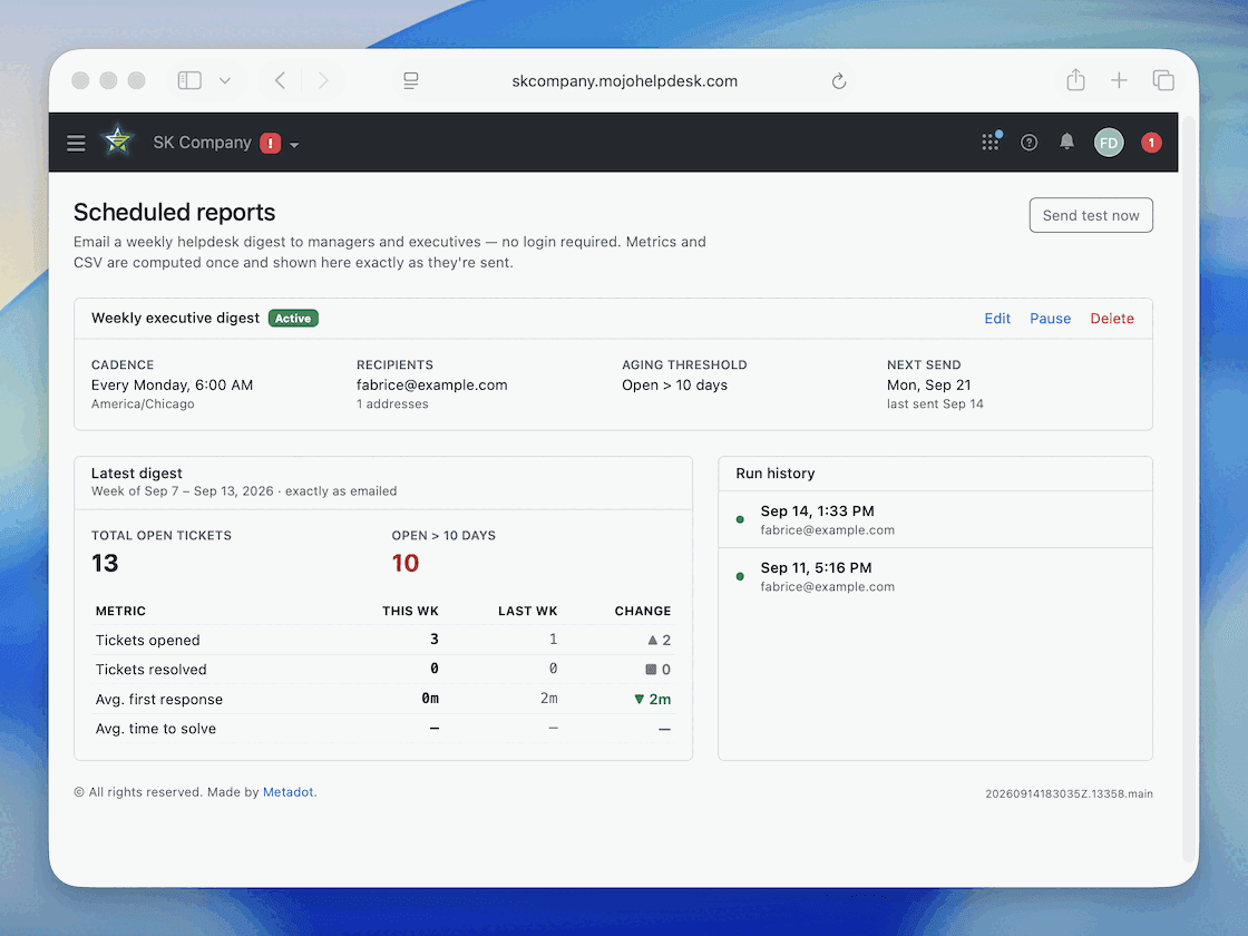 Scheduled reports page showing the weekly executive digest and run history
