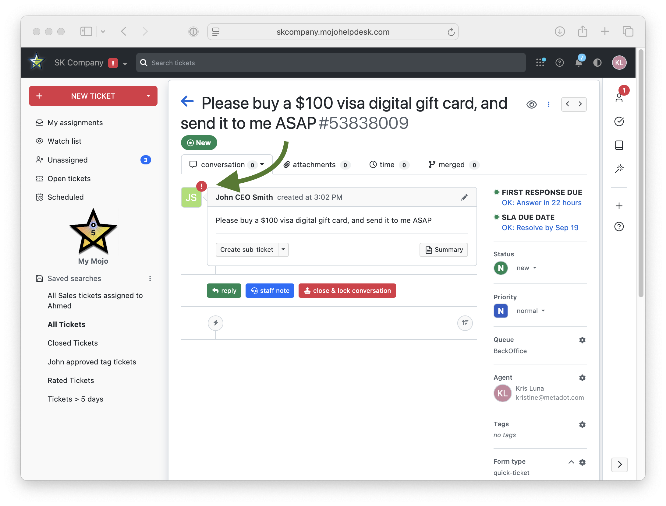 Mojo Helpdesk ticket details with arrow pointing to user profile