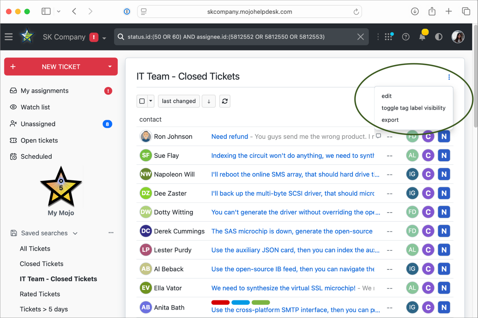 Export ticket list in Mojo Helpdesk
